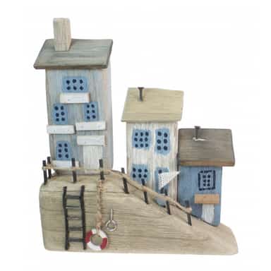 Wooden Harbourside Cottages Coastal Ornament 27cm image 1