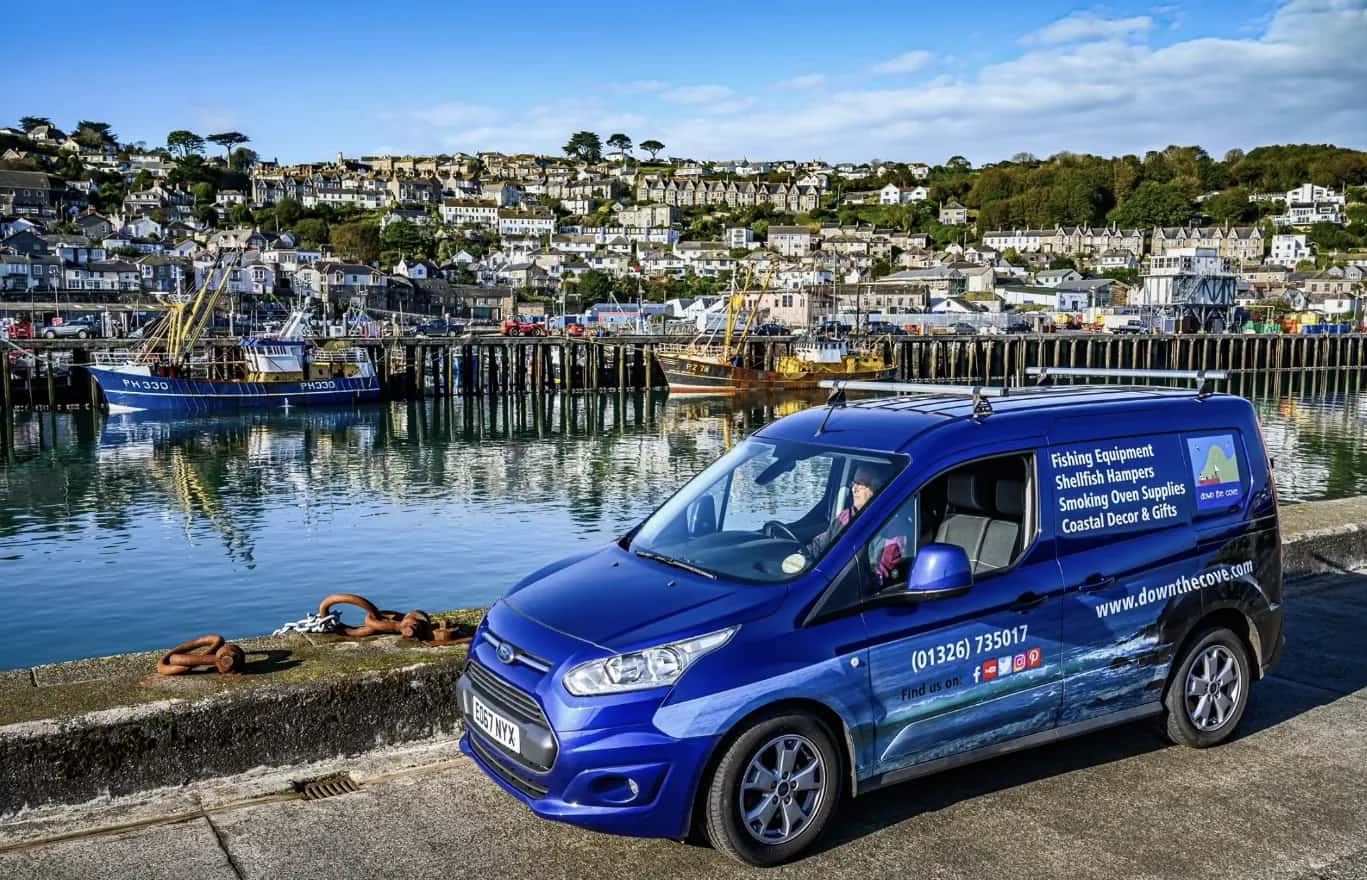The Down The Cove van at a Cornish fishing harbour