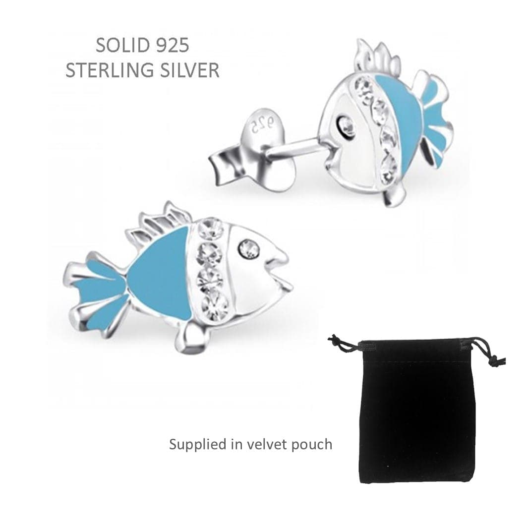 Children's Silver Fish Ear Studs with Crystal - Blue product image 1