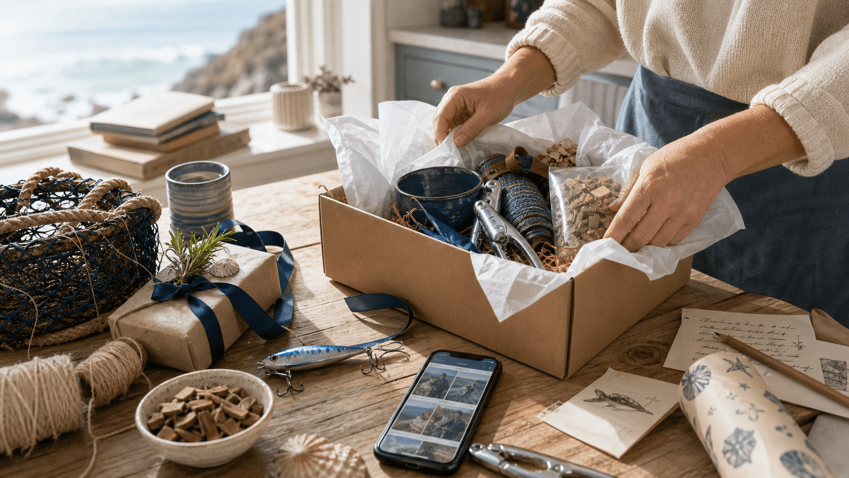 A coastal affiliate workspace with products, handwritten notes and a parcel being packed