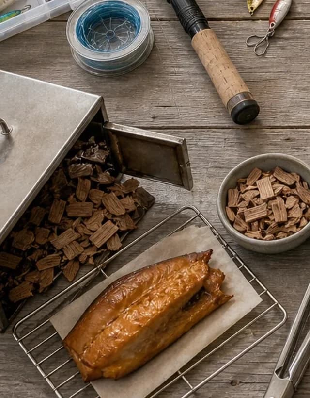 Food smoking oven, wood chips and smoked seafood