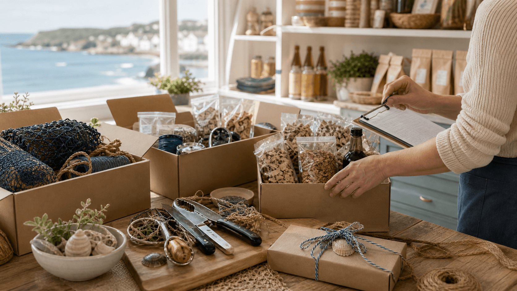 A coastal wholesale order being checked in a bright seaside shop stockroom