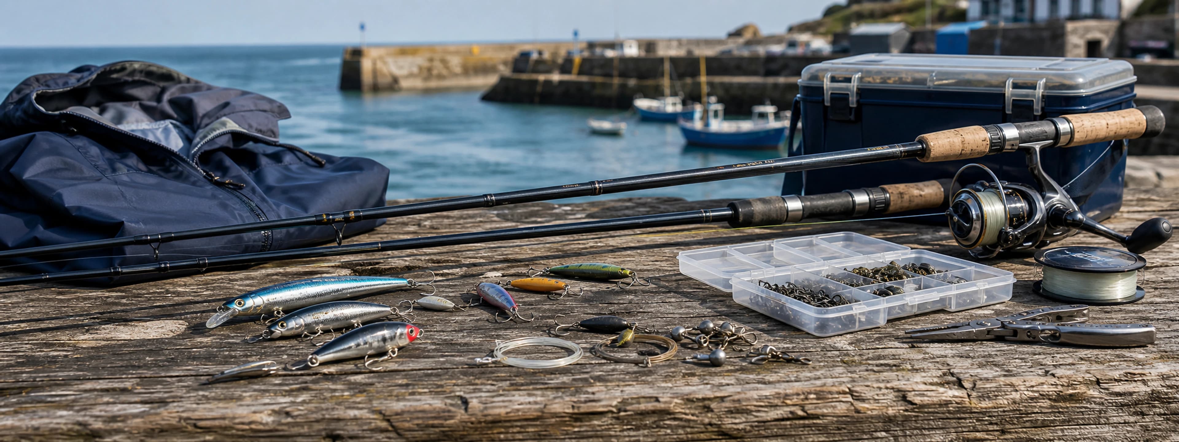 Fishing rods, reels, lures, line and tackle laid out on weathered harbour wood