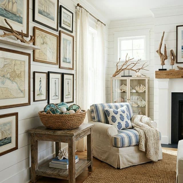 Styled coastal mantel, framed maritime art and home decor