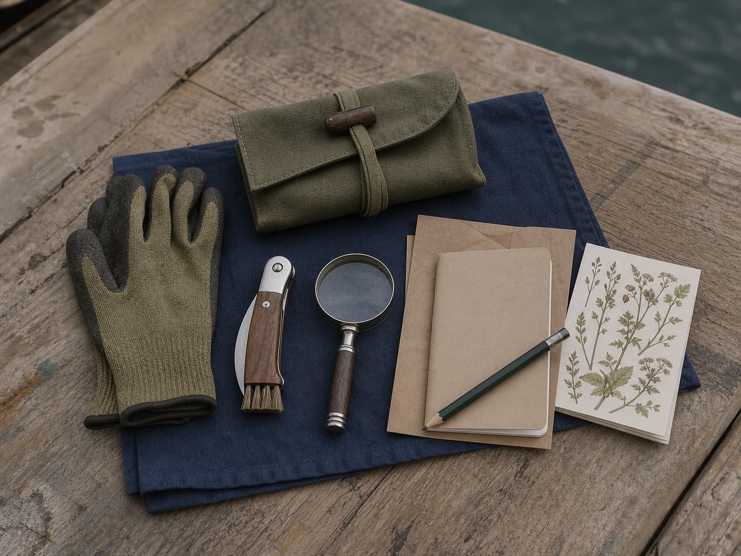 An example Cove Club foraging edit with gloves, a closed foraging knife, magnifier and field notes