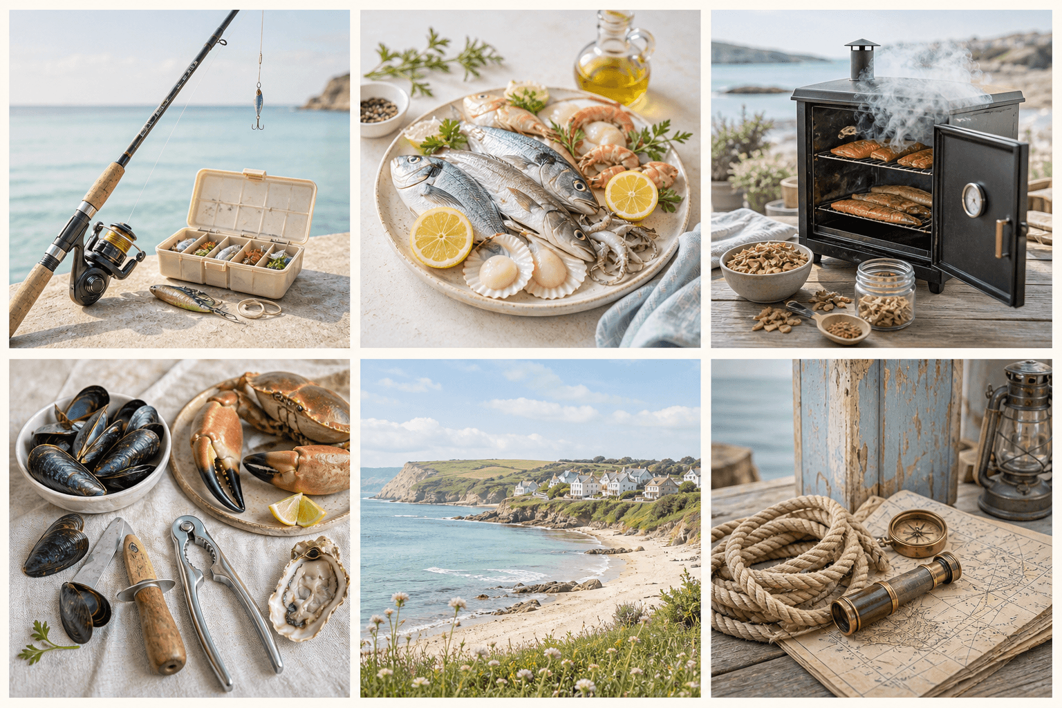 Coastal maps, rope, compass and practical shore kit