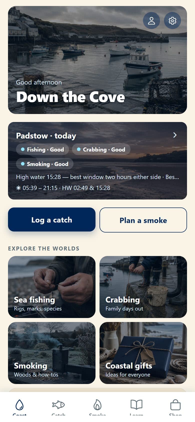 The Coast screen showing today's conditions for Padstow with fishing, crabbing and smoking each scored