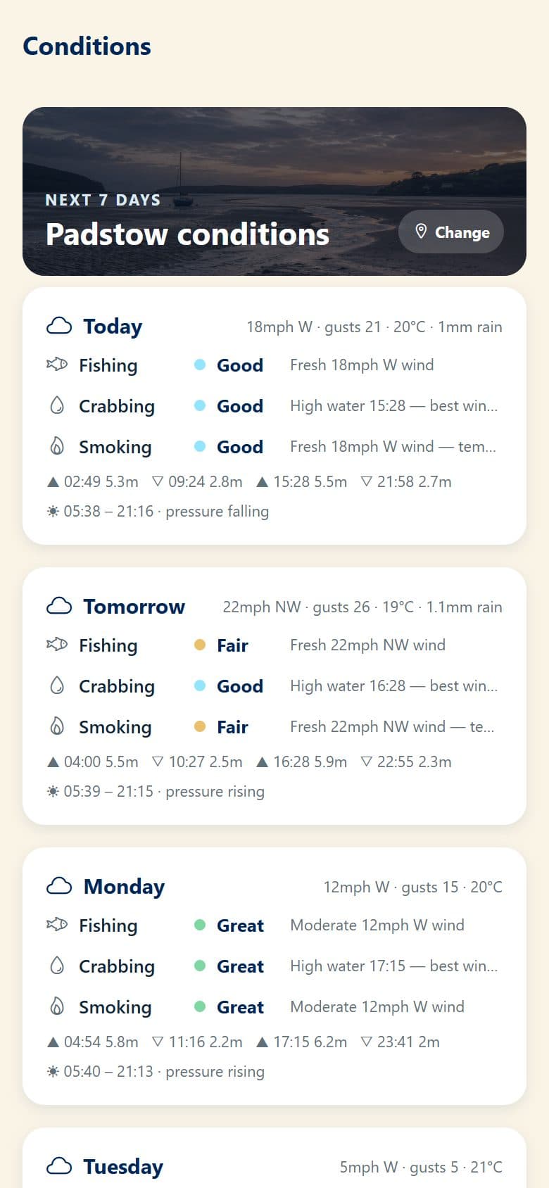The seven-day conditions screen with high and low water times