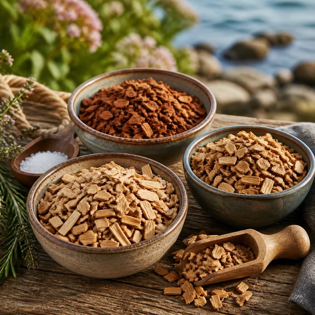 A selection of smoking wood chips ready to pair with fish, cheese, meat and barbecue food