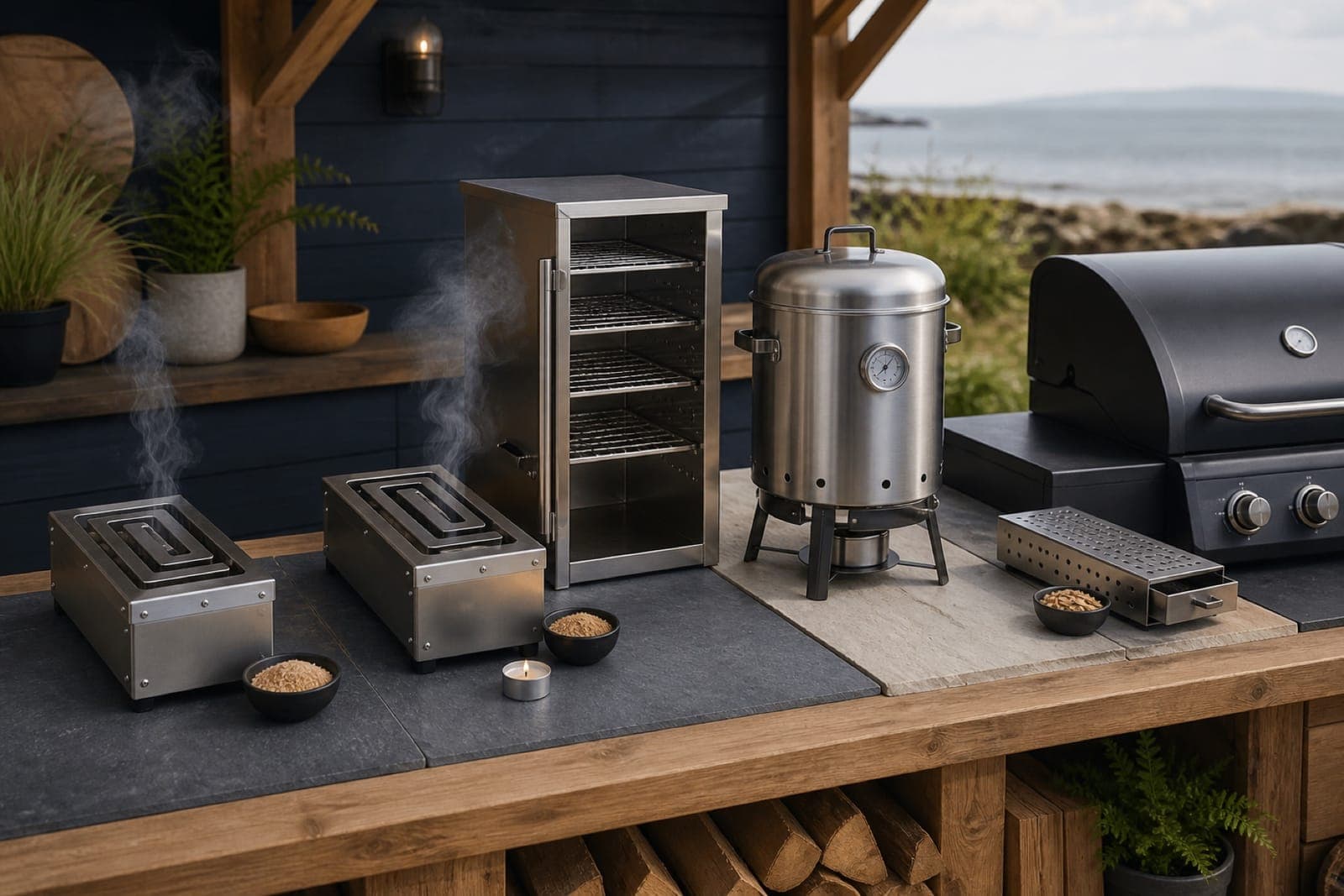 Standalone cold smoke generator, complete starter setup and hot smoking setup shown side by side