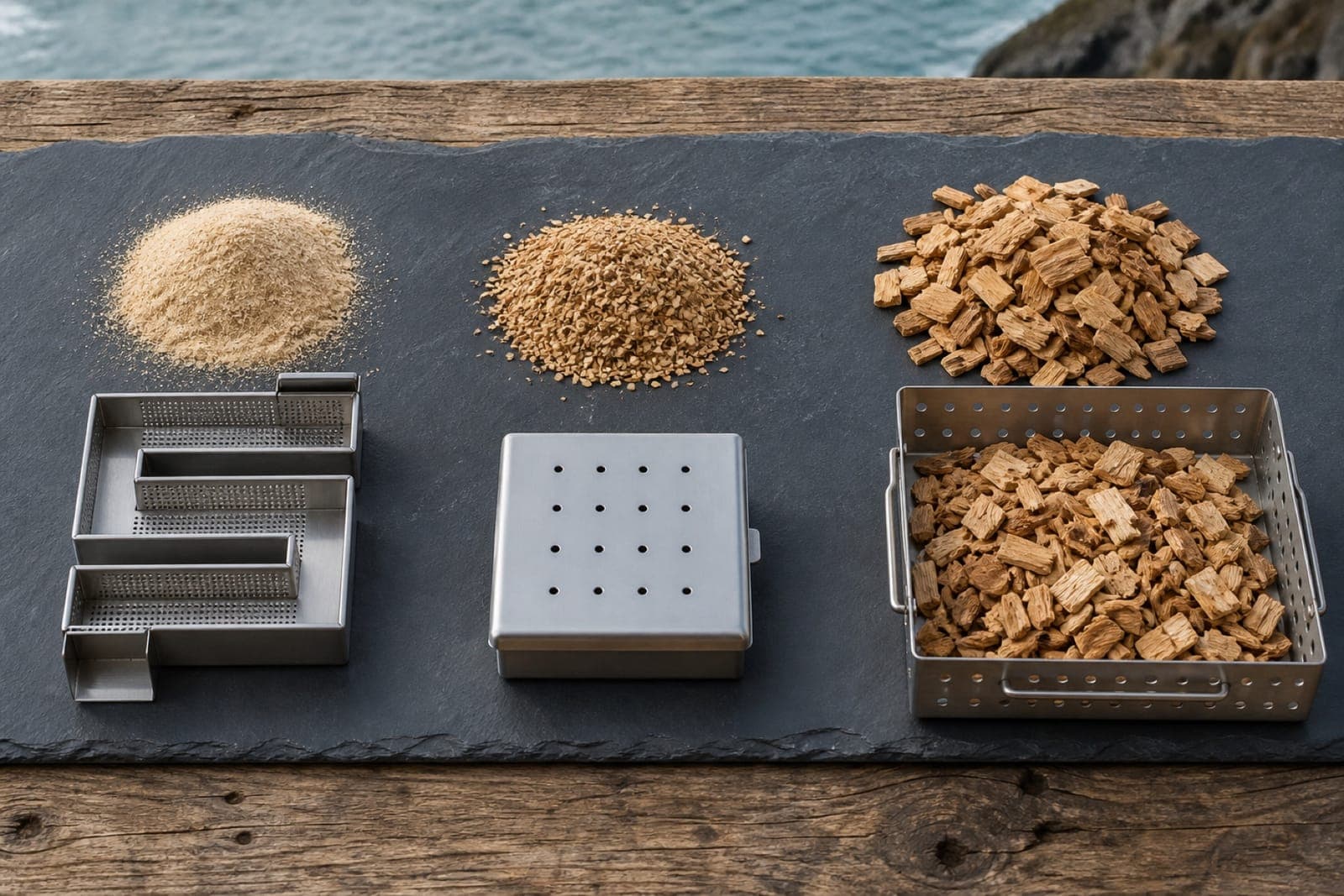 Smoking dust, fine wood chips and coarse wood chips shown separately beside their suitable smoking equipment