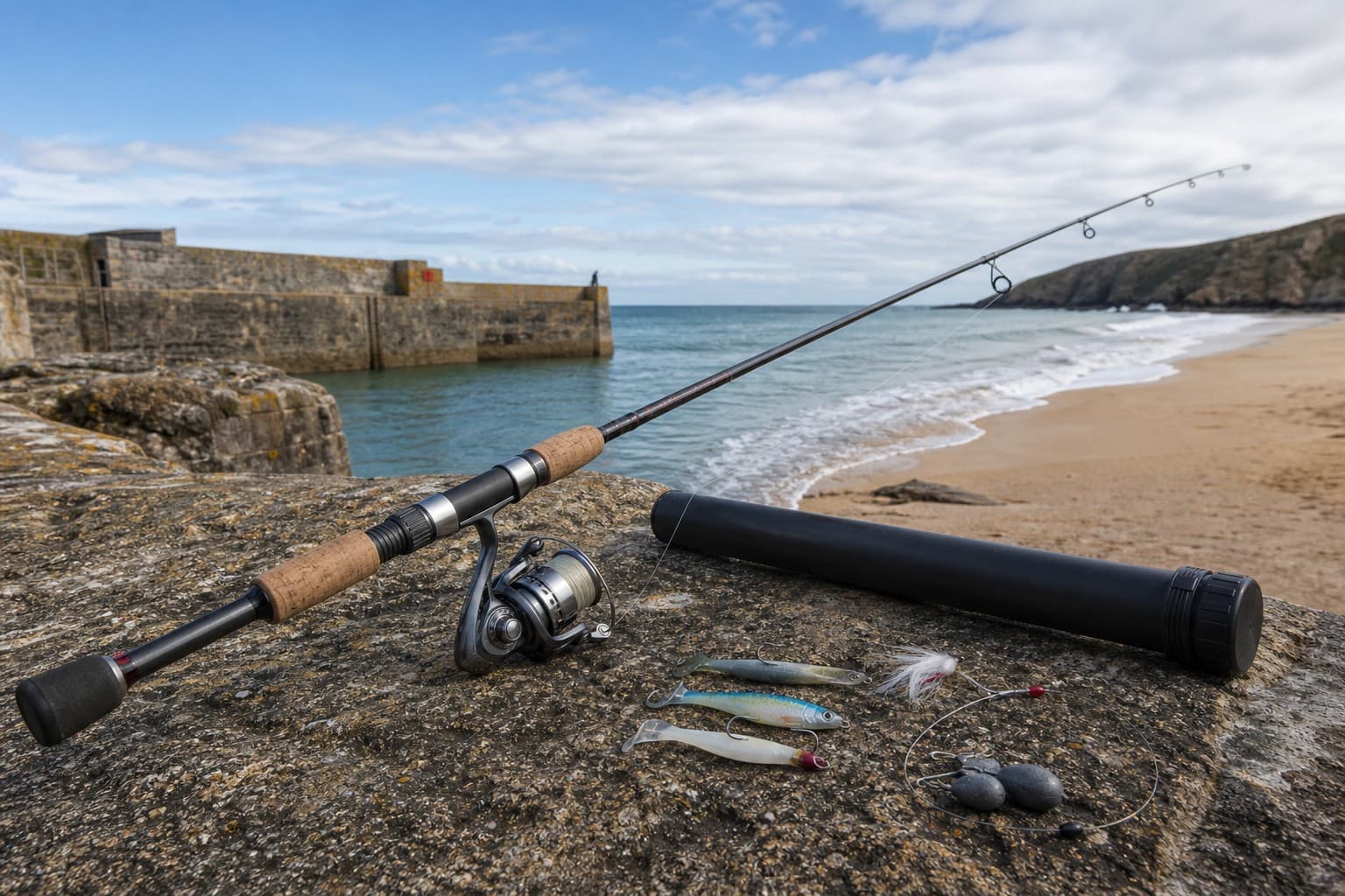 Versatile multi-purpose sea fishing rod and reel resting against harbour railings on the Cornish coast